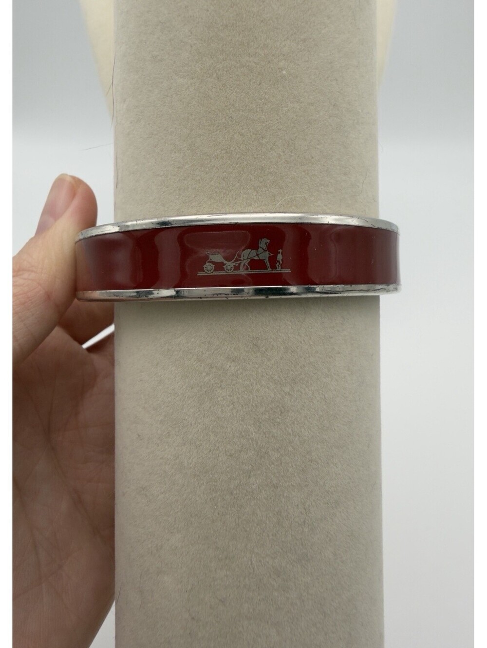 Authentic Hermes Caleche Bangle Bracelet Enamel Horse Carriage Red Size 7.5